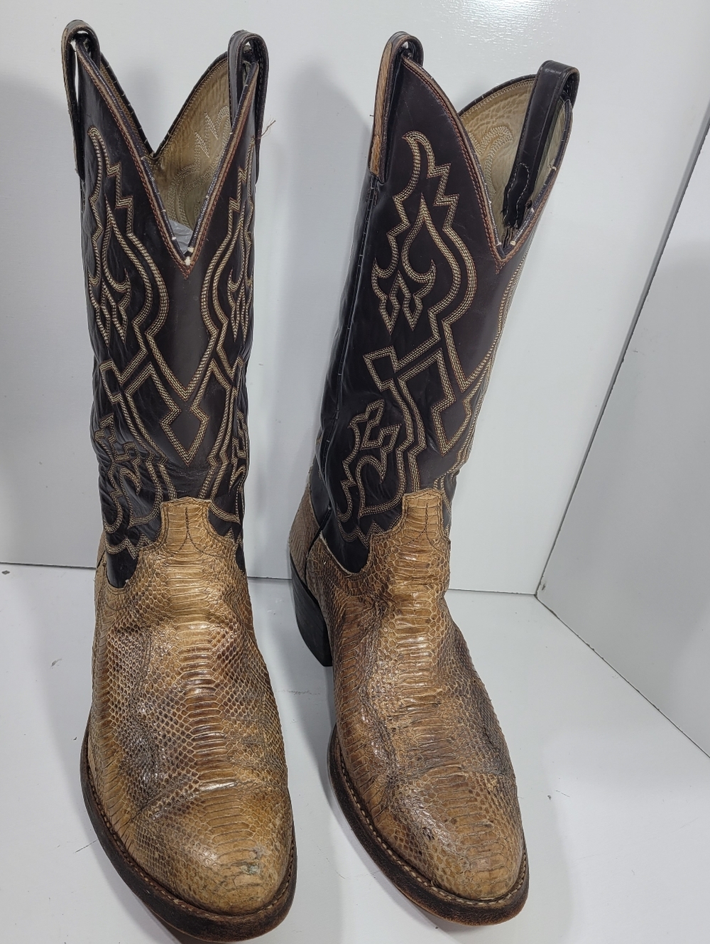 Vtg Genuine Python Snakeskin Cowboy Western Boots Men’s Size 10 Brown Back Cut